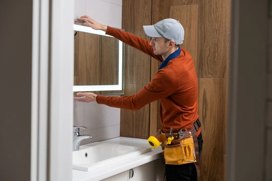Un artisan en combinaison orange et casquette installe un miroir rectangulaire à éclairage LED dans une salle de bain moderne