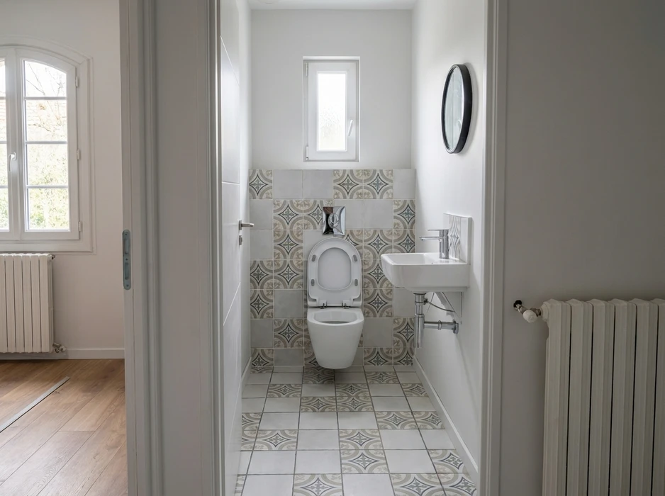 WC séparé moderne avec toilette suspendue à chasse d'eau encastrée, lave-mains mural compact avec robinet mitigeur chromé