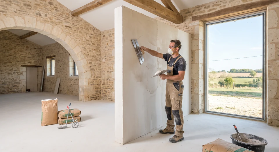Photographie en couleur naturelle d'un intérieur en cours de rénovation montrant un artisan plâtrier appliquant du plâtre sur une cloison ou un mur à l'aide d'une spatule et d'une taloche. La scène doit clairement montrer le geste technique caractéristique de la plâtrerie, avec des matériaux visibles (plâtre en poudre, outils de plâtrier). L'environnement doit être un intérieur résidentiel ou professionnel authentique, mettant en avant le savoir-faire et la polyvalence du plâtre comme solution d'aménagement intérieur.