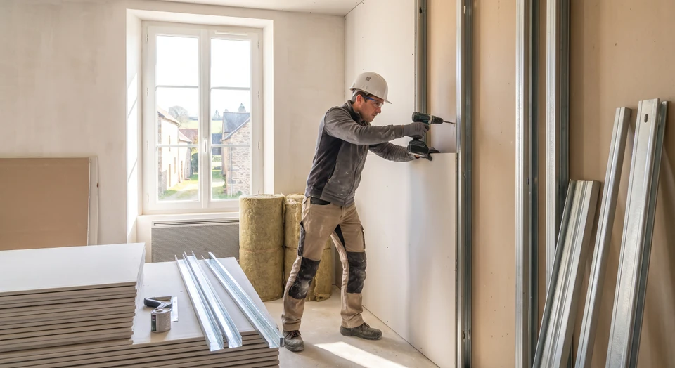 Photographie réaliste d'un plâtrier/plaquiste en tenue professionnelle travaillant sur un chantier de rénovation intérieure, en train de poser ou d'ajuster des plaques de plâtre sur une paroi, montrant des matériaux de plâtrerie sèche (plaques de plâtre, profilés métalliques, isolant) dans un intérieur résidentiel en cours de transformation. L'image doit transmettre professionnalisme, maîtrise technique et rénovation intérieure de qualité.