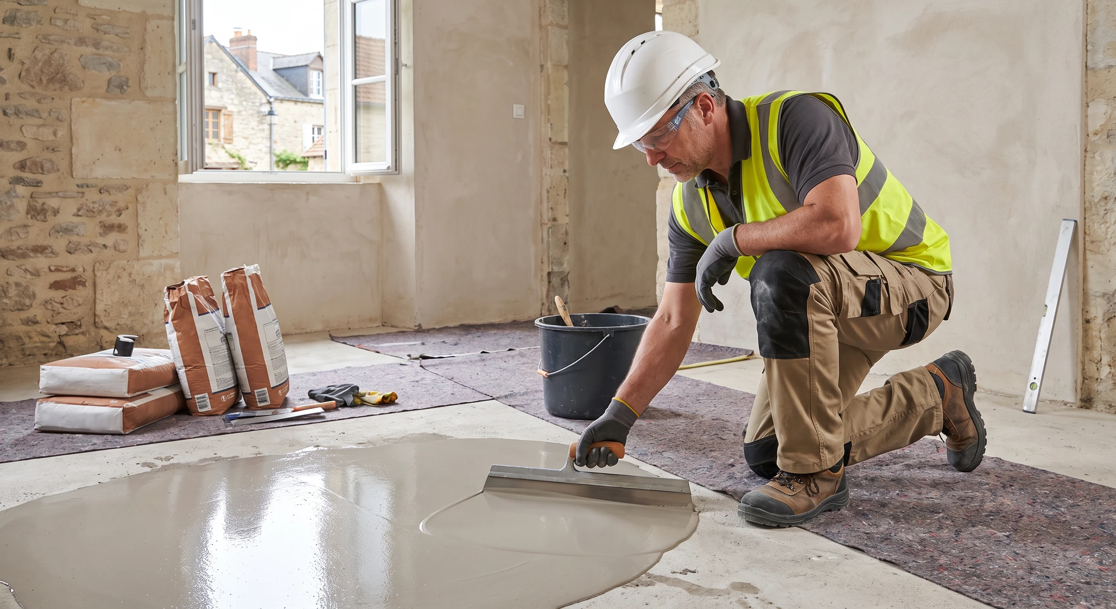 Photographie en gros plan d'un artisan carreleur en équipement de travail (gilet de chantier, gants) appliquant du mortier-colle sur un mur avec une spatule cranté, préparant la pose de carreaux de céramique ou de pierre naturelle en intérieur. La scène montre le professionnalisme et la technique, avec des outils et matériaux de carrelage visibles, dans un environnement de chantier intérieur réaliste.