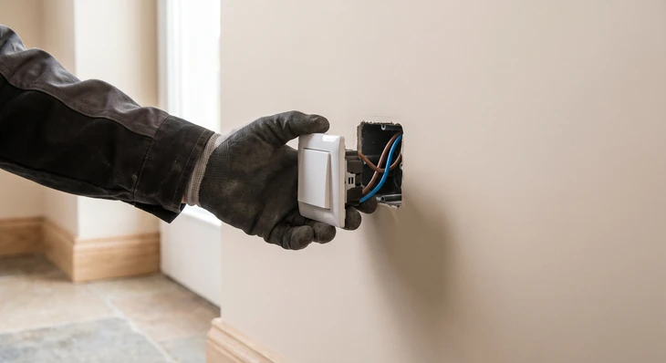 Ouvrier en bâtiment portant casque jaune et gants noirs installe ou répare un boîtier électrique blanc fixé au mur