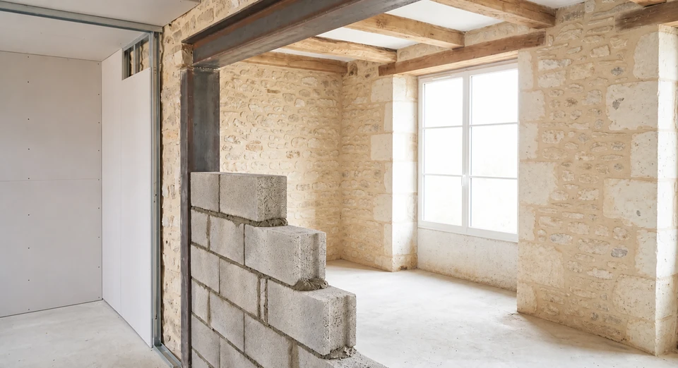 Ouvrier en tenue orange et casquette applique de l'enduit au plafond avec une spatule dans un appartement en rénovation